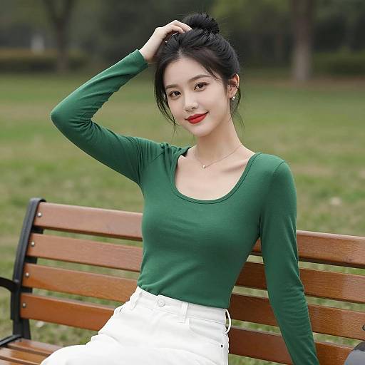 Serene Park Scene with Asian Woman