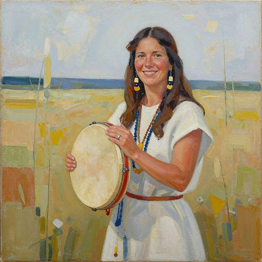 Oil painting of a smiling woman with long brown hair, wearing a white dress and beaded necklace, holding a tambourine, set against a blurred
