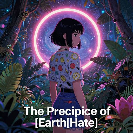 Digital anime-style illustration of a girl with black bob haircut, wearing a colorful patterned shirt, standing in a vibrant, neon-lit jungle with a