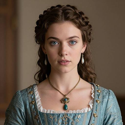 Photograph of a young woman with blue eyes, wavy brown hair, wearing a blue, embroidered dress with white trim, gold necklace with green gem