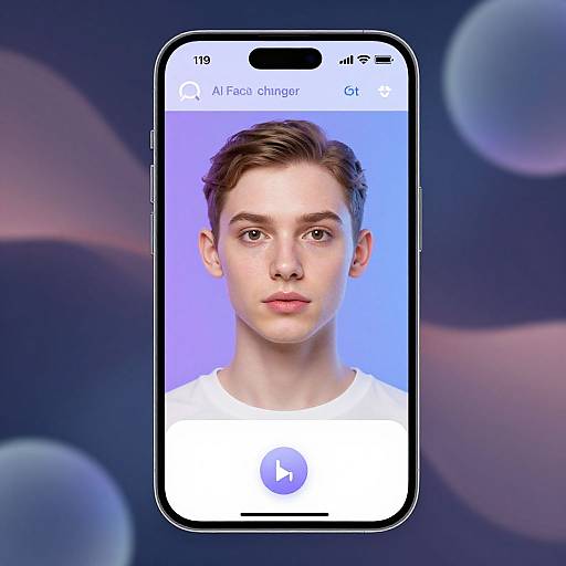 Photograph of a young man with short brown hair, fair skin, and blue eyes, centered in a smartphone screen against a gradient blue-purple background.