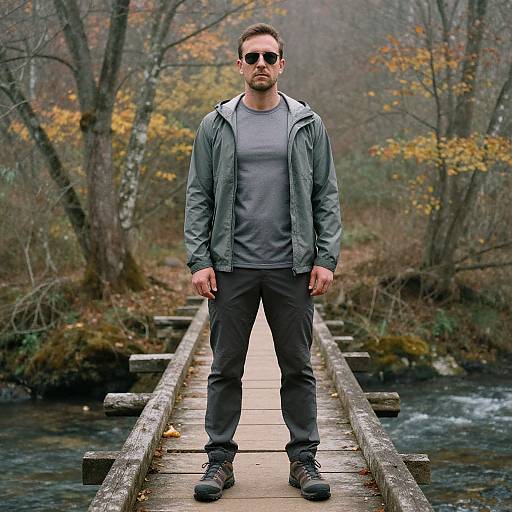 Contemplative Hiker on Rustic Autumn Bridge