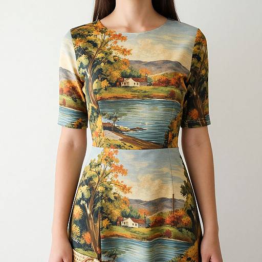 Photograph of a woman wearing a short-sleeved, form-fitting dress with a colorful autumn landscape print, featuring trees, lake, and house