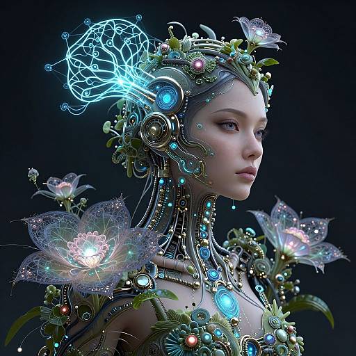 Digital art of a futuristic, fair-skinned woman with glowing blue circuitry and floral headpiece, surrounded by luminescent flowers, against a dark