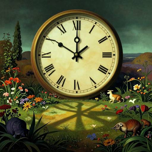 Digital artwork of a massive, glowing clock face with black Roman numerals, shadowed in a vibrant, colorful garden with flowers, a fox, and