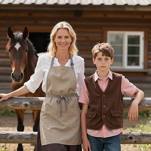 Woman and Boy Standing by Wooden Fence with Horse