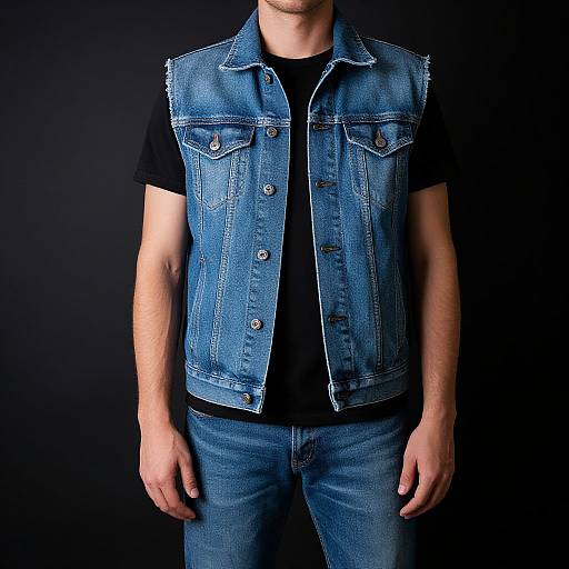 Photograph of a man from neck to waist, wearing a blue denim vest over a black t-shirt and blue jeans, against a dark background.