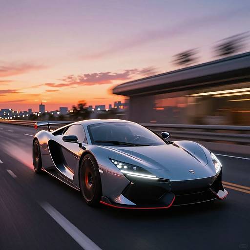 Photograph of a sleek, silver Lamborghini Huracán racing on a highway at sunset, with blurred city lights and a vibrant orange-purple sky in