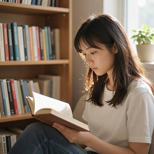 Photograph of an Asian woman with long black hair, wearing a white t-shirt and blue jeans, reading a book in a sunlit room with a