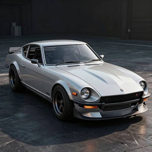 Photograph of a sleek, silver Porsche 911 classic sports car with black rims, orange headlights, and a rear spoiler, parked on a dark,