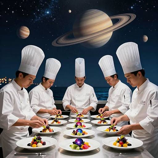 Photograph of five Asian male chefs in white uniforms and tall hats, meticulously plating colorful gourmet dishes under a starry night sky with Saturn and Jupiter