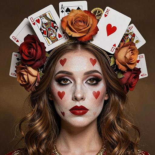 Photograph of a woman with white face paint, red heart marks, red lipstick, and floral headpiece with playing cards, against a brown background.