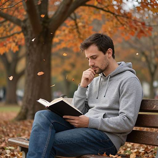 Thoughtful Man Reading on Autumn Bench