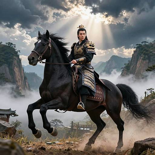 Digital artwork of a regal Asian warrior in ornate armor riding a powerful black horse, set against a dramatic mountainous landscape with sunbeams piercing