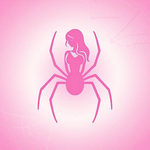 Digital art: Pink silhouette of a spider with a feminine, long-haired human face, centered on a gradient pink-to-white background.