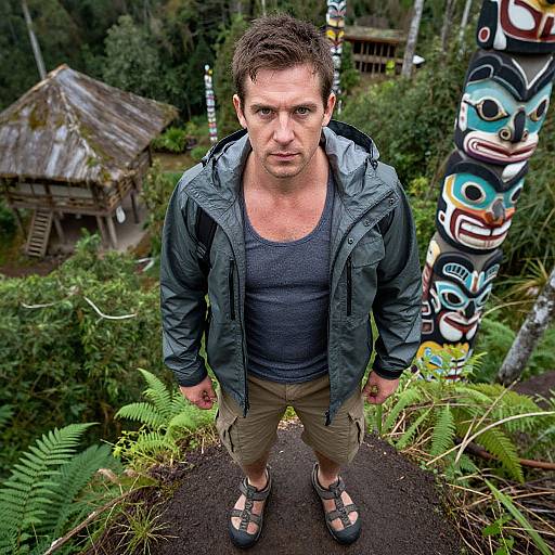 Photograph of a muscular man with short brown hair, wearing a green jacket, gray shirt, khaki shorts, and sandals, standing in a lush