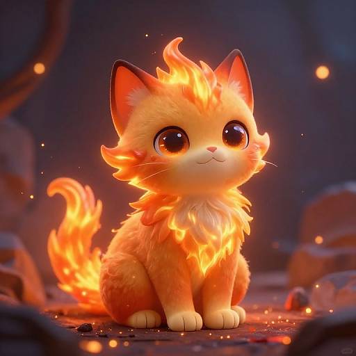 Digital art of a cute, glowing, fiery orange cat with large, shiny eyes, sitting on a dark, rocky surface with scattered embers.