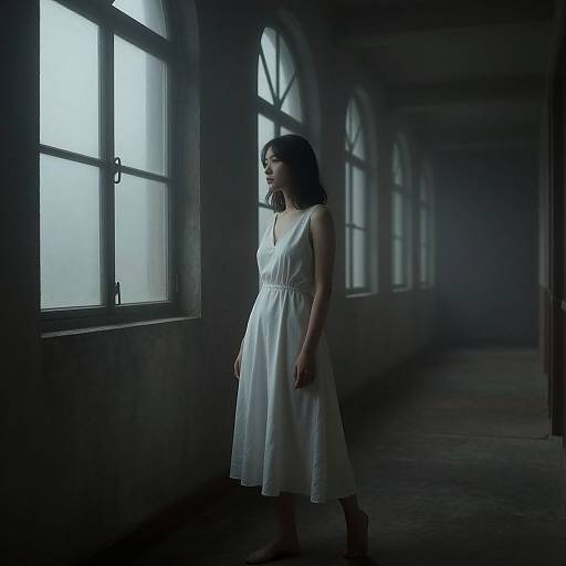 Photograph of a sad woman in a white sleeveless dress standing by a dimly lit window in a dark, empty hallway.