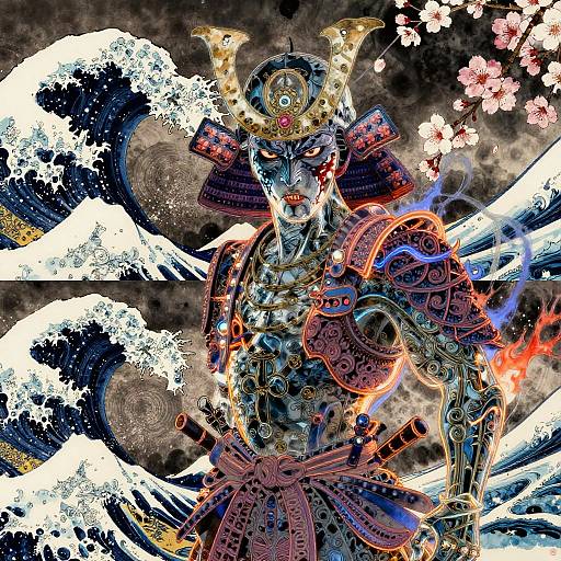 Neon Samurai Portrait with Floral Spiral