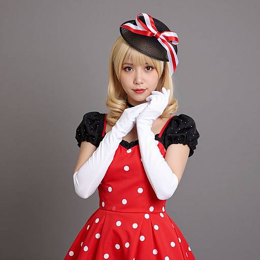 Photograph of a young Asian woman with blonde hair, wearing a red polka dot dress, black puffed sleeves, white gloves, and a black