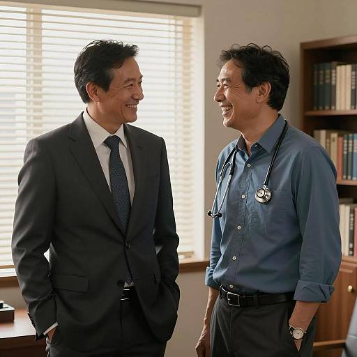 Two Men Smiling and Talking Indoors