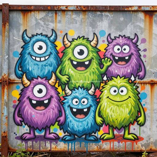 Colorful digital drawing of five cartoonish, furry, horned monsters with one-eyed grins, standing on a rusty, graffiti-covered metal wall.