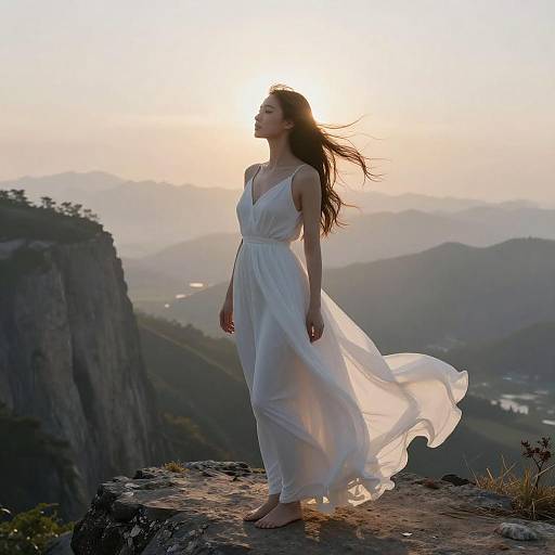 Photograph of a woman in a flowing white dress standing on a rocky mountain ledge at sunset, with mountains and valleys in the background. Her long hair