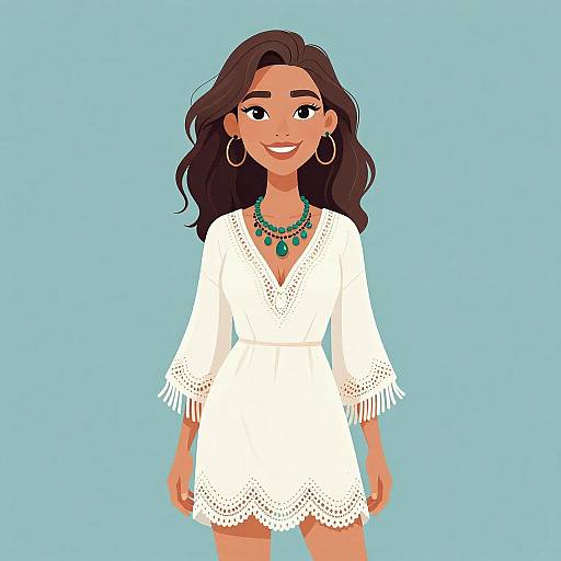 Smiling Woman in White Bohemian Dress