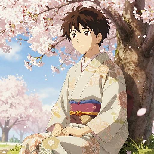 Anime-style digital illustration of a young man with dark, tousled hair, wearing a floral-patterned white kimono, sitting under cherry blossom trees with