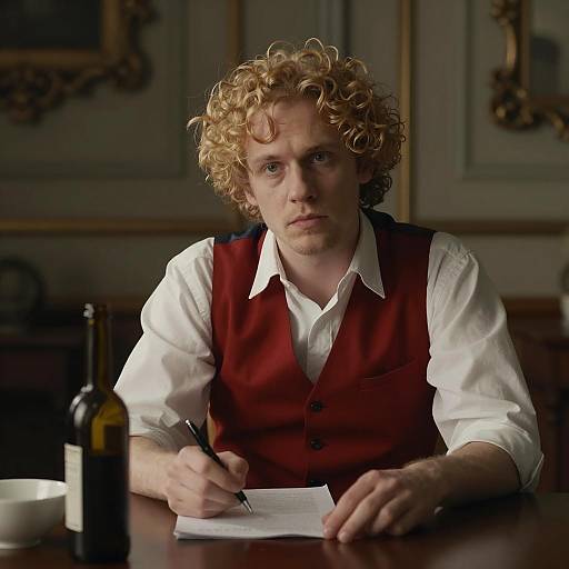 Curly Blond Man Writing in Ornate Room
