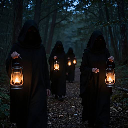 Photograph: Four robed figures with hooded faces stand in a dark forest, holding glowing lanterns, creating a mysterious, eerie ambiance.