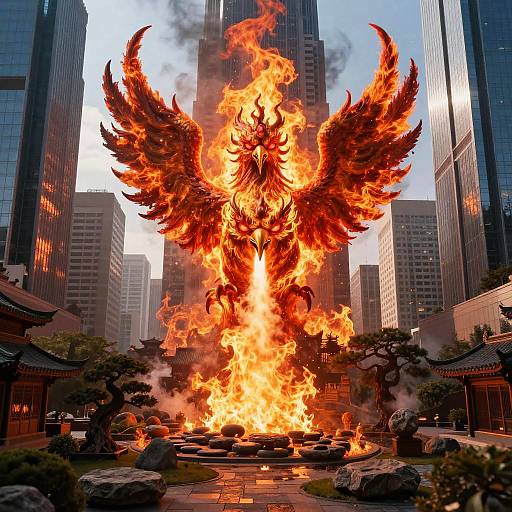 Photograph of a massive, fiery phoenix sculpture with wings ablaze, standing in a traditional courtyard between modern skyscrapers.