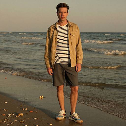 Photograph of a man with short brown hair, wearing a beige jacket, white striped shirt, black shorts, and white sneakers, standing on a sandy