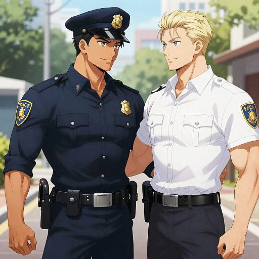 Muscular Police Couple Face-to-Face