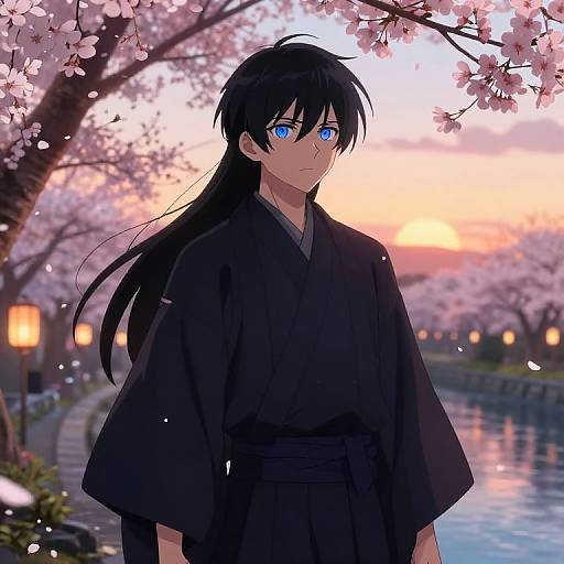 Anime-style digital drawing of a black-haired, blue-eyed young man in a dark kimono standing under cherry blossom trees at sunset.