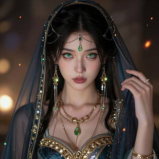 Photograph of a beautiful young woman with green eyes, wearing a black sheer veil adorned with gold and green jewels, and intricate gold jewelry, against a