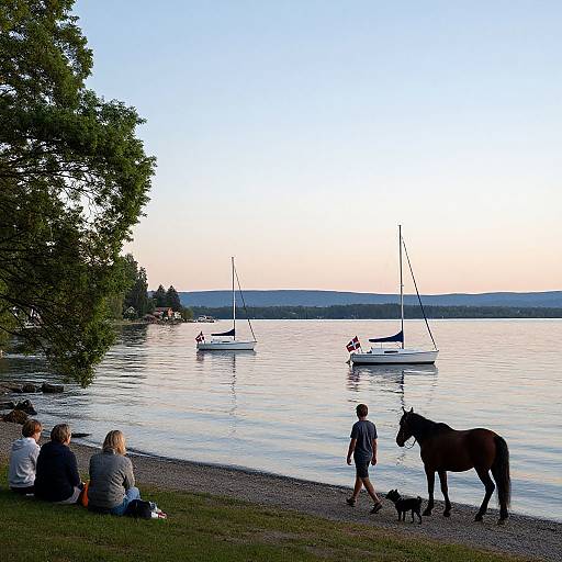 Photograph: Evening lakeside scene with a family sitting on the shore, a man walking a horse and dog, and several anchored sailboats on calm