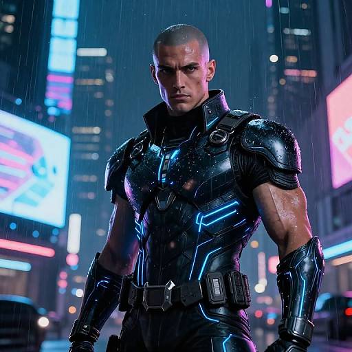 Photorealistic CGI of a muscular, bald man in black, glowing, futuristic armor standing in a rainy, neon-lit city street.