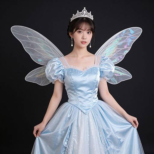 Photograph of an East Asian woman in a light blue, satin princess dress with iridescent wings and a silver tiara, against a black background