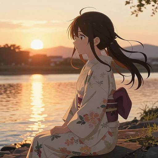 Anime Girl in Kimono by Riverside at Sunset