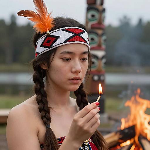 Young Woman Holding Lit Match by Campfire