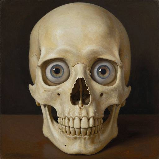 Photograph of a human skull with large, wide blue eyes, a small broken nose, and a toothy grin against a dark background.