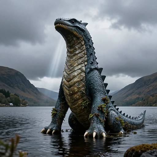 Photorealistic CGI of a massive, blue-scaled, dragon-like creature with sharp claws and spines, sitting in a calm, reflective lake surrounded