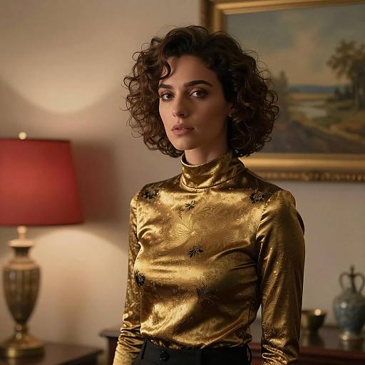 Woman in Gold High-Neck Top in Dim Room