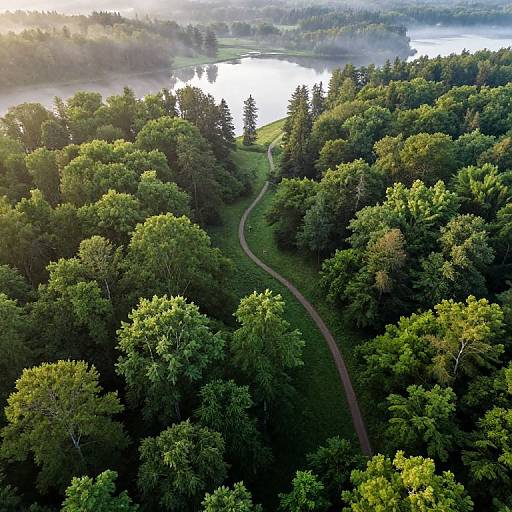 Aerial photograph of a winding path through a dense, lush green forest, leading to a misty, reflective lake in the background. Sunlight filters