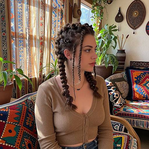 Photograph of a young woman with dark braided hair, wearing a brown ribbed crop top, sitting in a colorful, bohemian-style room