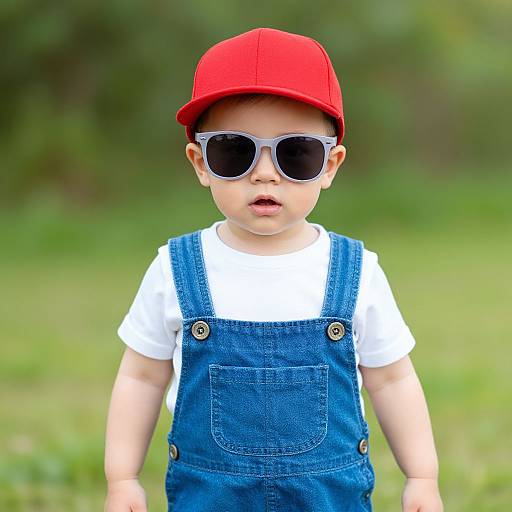 Photograph of a cute toddler with light skin, wearing a red cap, white shirt, blue denim overalls, and large black sunglasses, standing in