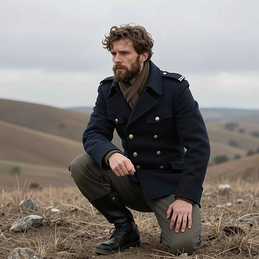 Crouching Bearded Man in Military Coat