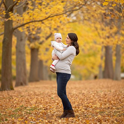 Photograph of a smiling mother with black hair, wearing a white sweater and blue jeans, holding a happy baby in a white outfit, standing on a