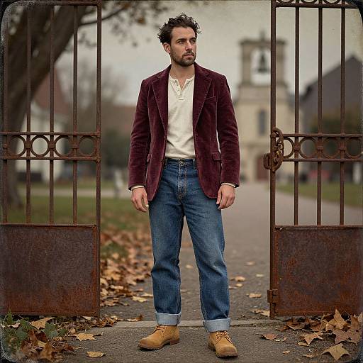 Photograph of a bearded man with curly black hair, wearing a burgundy velvet blazer, white shirt, blue jeans, and brown boots,